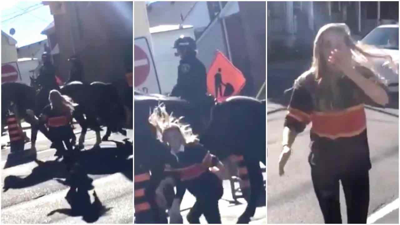 Frau schlägt das Pferd eines Polizisten – warte auf die Reaktion des Pferdes, wenn sie versucht, wegzulaufen!