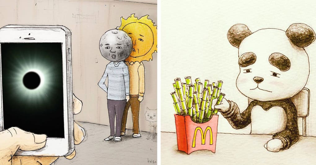 Der japanische Künstler zeichnet einige seltsame, aber lustige Illustrationen über die Welt um ihn herum
