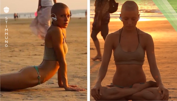Eine Frau macht Yoga am Strand. Dann bemerkt sie die Kamera und reagiert sooo perfekt.
