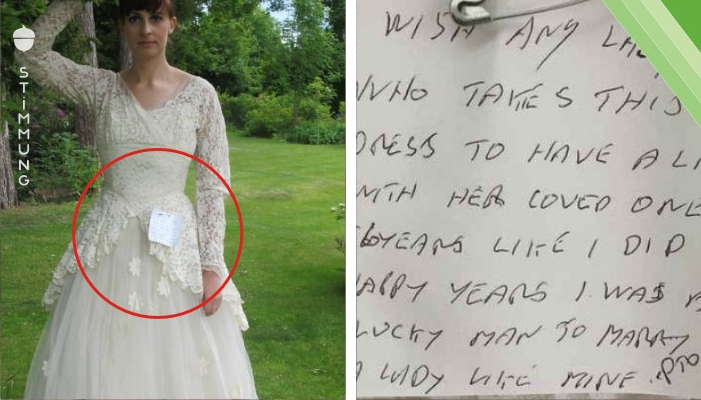 Die Frau findet ein 60 Jahre altes Brautkleid. Doch als sie den darin versteckten Zettel liest, füllen sich ihre Augen mit Tränen.