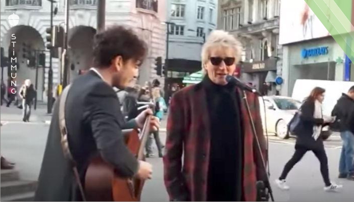 Als Rod Stewart hört, wie ein Straßenmusikant sein Lied spielt, bittet er um dessen Mikrofon!