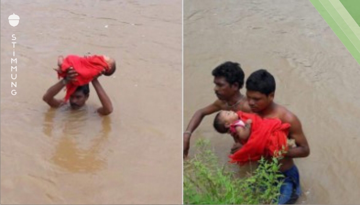 Der Vater trägt das 6 Monate alte Baby 5 km lang durch die Fluten. Der Grund berührt Menschen auf der ganzen Welt.
