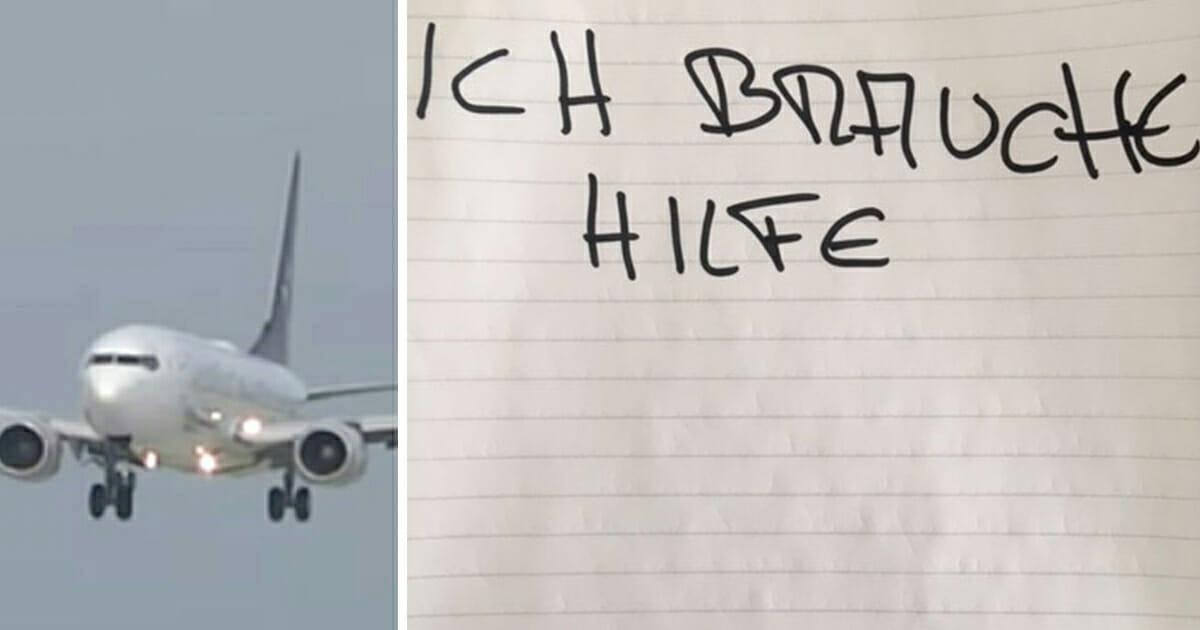 Stewardess entdeckt bei Flug Notiz auf der „Ich brauche Hilfe“ steht – ruft sofort die Polizei