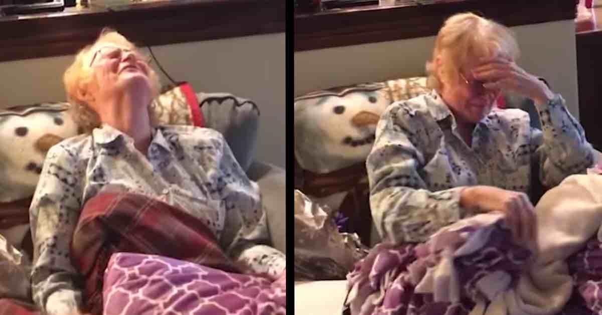 Video: Oma entdeckt in Chemo Decke eingenähtes Geschenk.