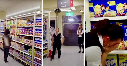 Einer Supermarkt Verkäuferin, die zwei Jobs hat, um vier Kinder zu ernähren, bleibt der Atem weg, als sie gerufen wird, um einer Kundin in Gang 6 zu helfen