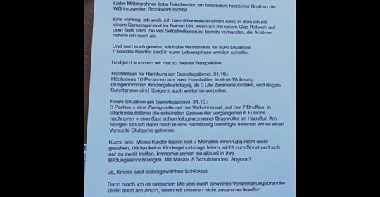 Hamburg: WG feiert Corona Party – Nachbarin schreibt Brief an „Feierbiester“, der im Internet die Runde macht