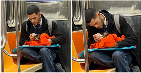 Passanten machen zuckersüße Aufnahme in U-Bahn: Mann füttert streunendes Katzenbaby mit Fläschchen