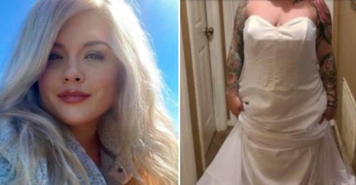Frau bestellt Brautkleid online und probiert es falsch herum an