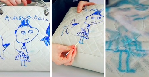 Ein fünfjähriges Mädchen malt mit einem Filzstift auf die 2.300 Euro Handtasche ihrer Mutter