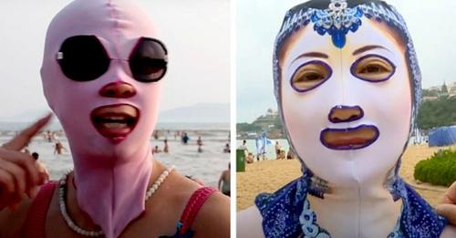 Diese Gesichtsbedeckung wird von chinesischen Frauen getragen, damit ihre Gesichter von der Sonne nicht gebräunt werden