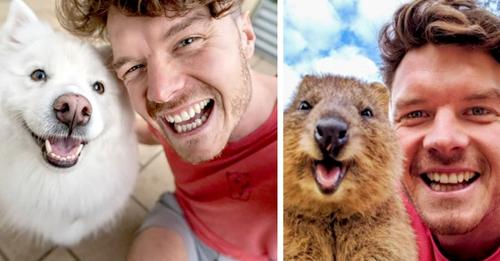 Junger Fotograf schließt Freundschaften und macht lustige Selfies mit den Tieren, denen er auf seiner Reise um die Welt begegnet