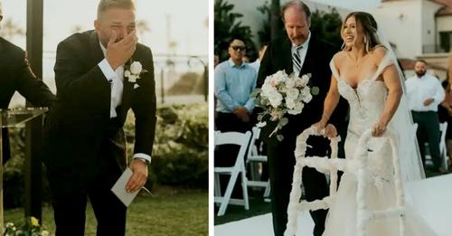 Rollstuhlfahrerin schreitet an ihrem Hochzeitstag mit ihren Beinen zum Altar