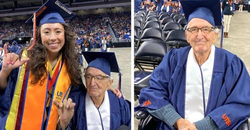 87 jähriger Opa und Enkelin erhalten gemeinsam ihre Abschlussurkunden