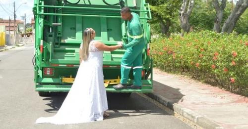 Die Braut beschließt, Hochzeitsfotos auf dem Müllwagen zu machen, um die Arbeit ihres Ehemannes zu ehren